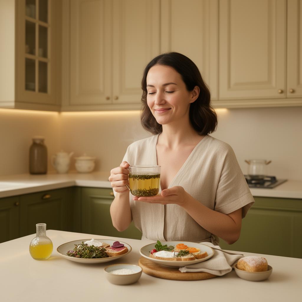 Adult enjoying a fresh herbal breakfast in a serene sunlit kitchen