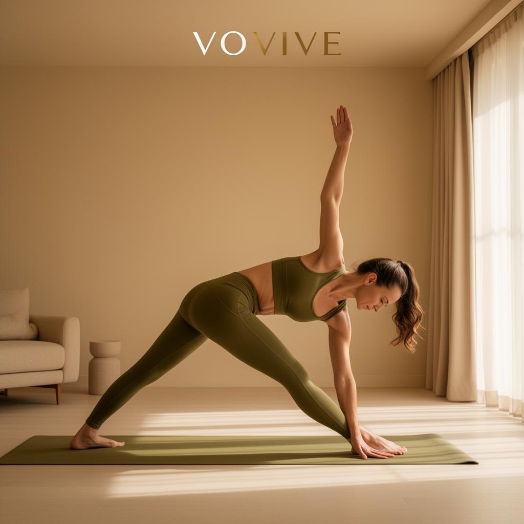 Adult performing fluid yoga mobility in warm natural light