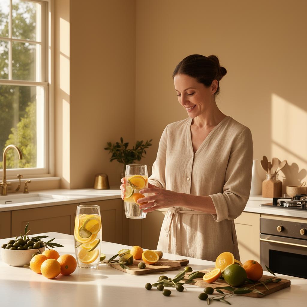 Calm adult enjoying citrus and tea in a bright minimal kitchen